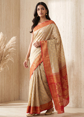 Cream Matka Silk Saree With Blouse Piece