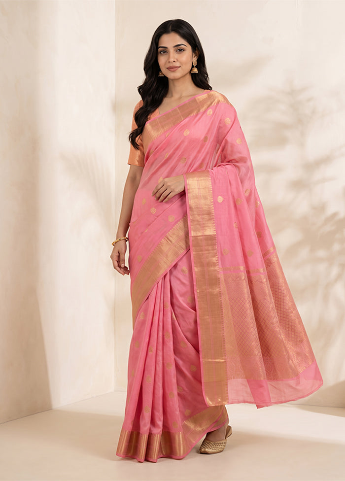 Pink Handloom Kanjivaram Pure Silk Saree With Blouse Piece