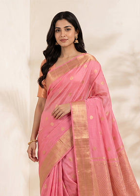 Pink Handloom Kanjivaram Pure Silk Saree With Blouse Piece