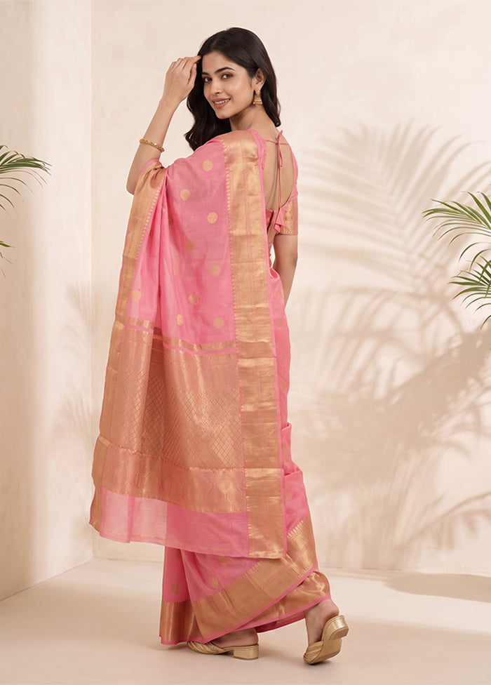 Pink Handloom Kanjivaram Pure Silk Saree With Blouse Piece