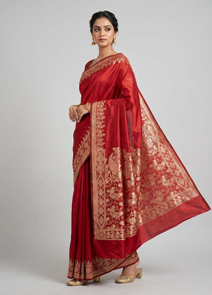 Red Banarasi Silk Saree With Blouse Piece