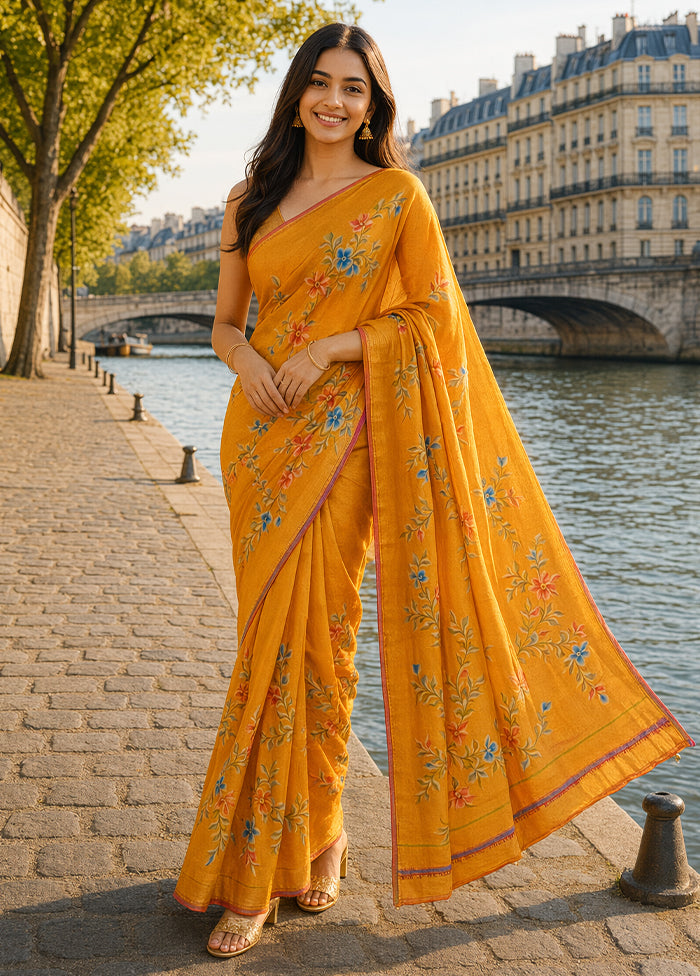 Rust Printed Pure Silk Saree Without Blouse Piece