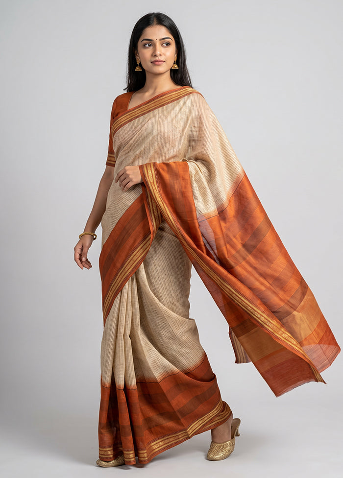 Cream Handloom Tussar Pure Silk Saree With Blouse Piece