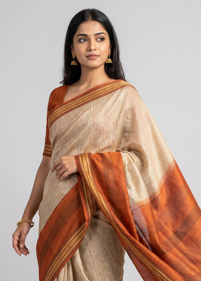 Cream Handloom Tussar Pure Silk Saree With Blouse Piece