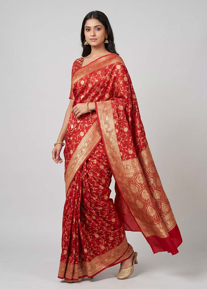 Red Banarasi Silk Saree With Blouse Piece