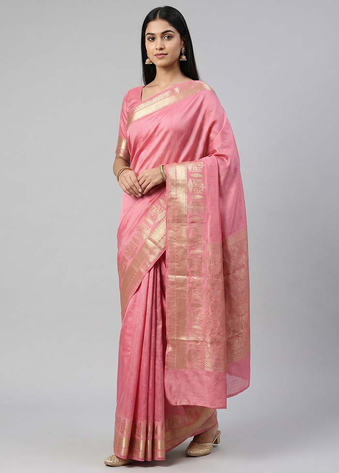 Pink Handloom Dupion Pure Silk Saree With Blouse Piece