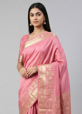 Pink Handloom Dupion Pure Silk Saree With Blouse Piece