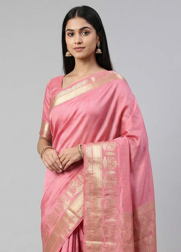 Pink Handloom Dupion Pure Silk Saree With Blouse Piece