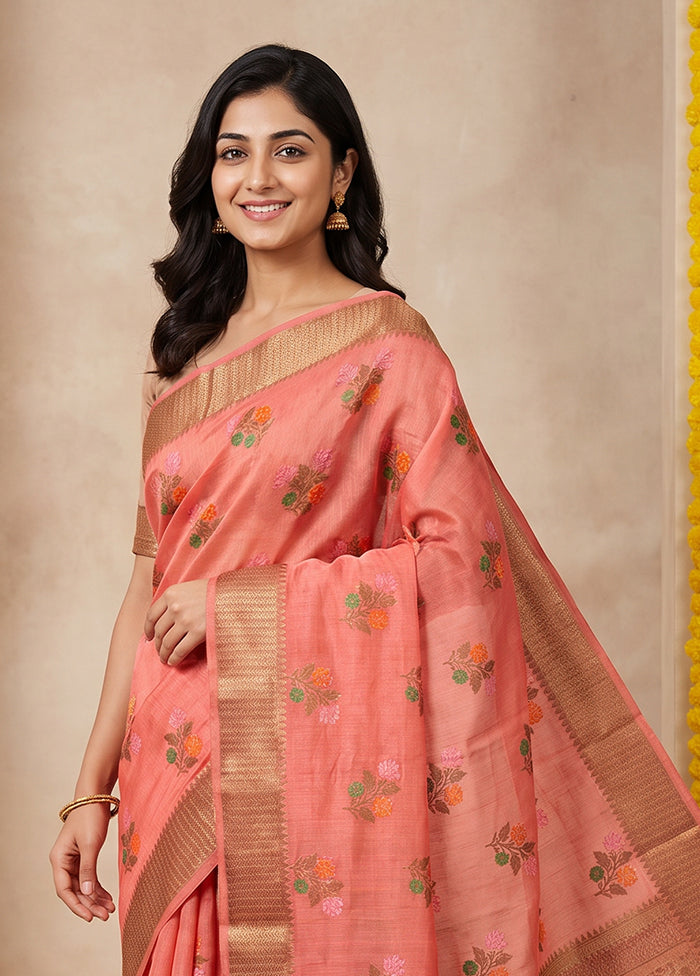 Pink Handloom Dupion Pure Silk Saree With Blouse Piece