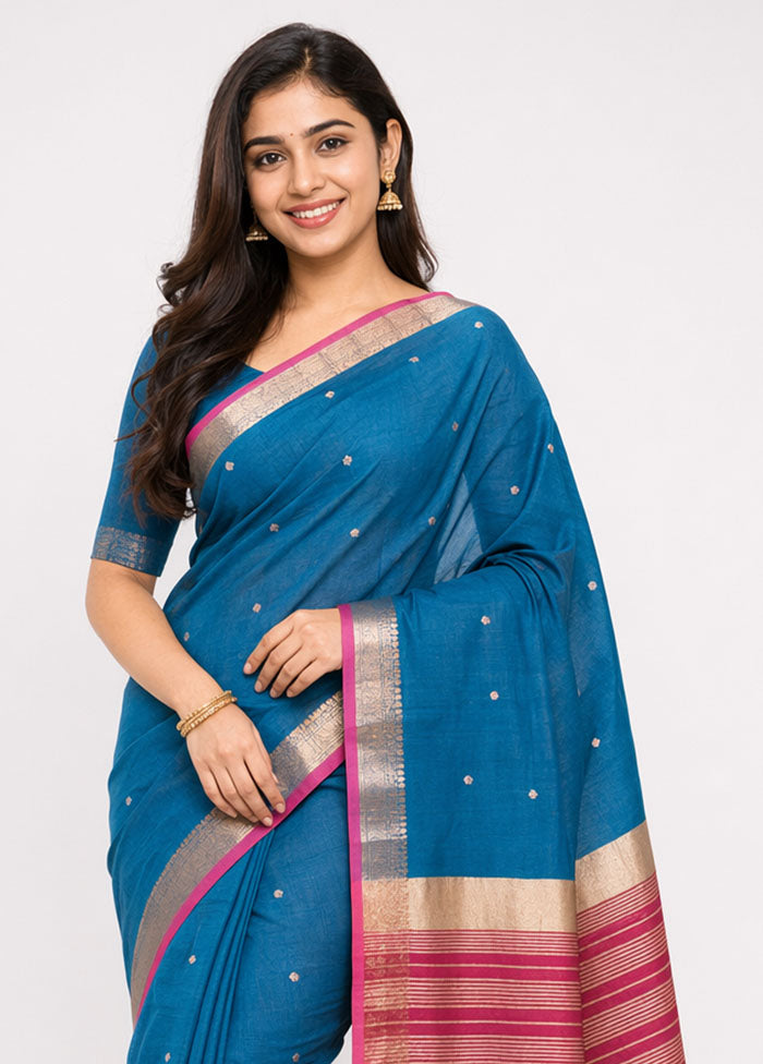 Blue Cotton Saree With Blouse Piece
