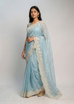 Blue Organza Saree With Blouse Piece