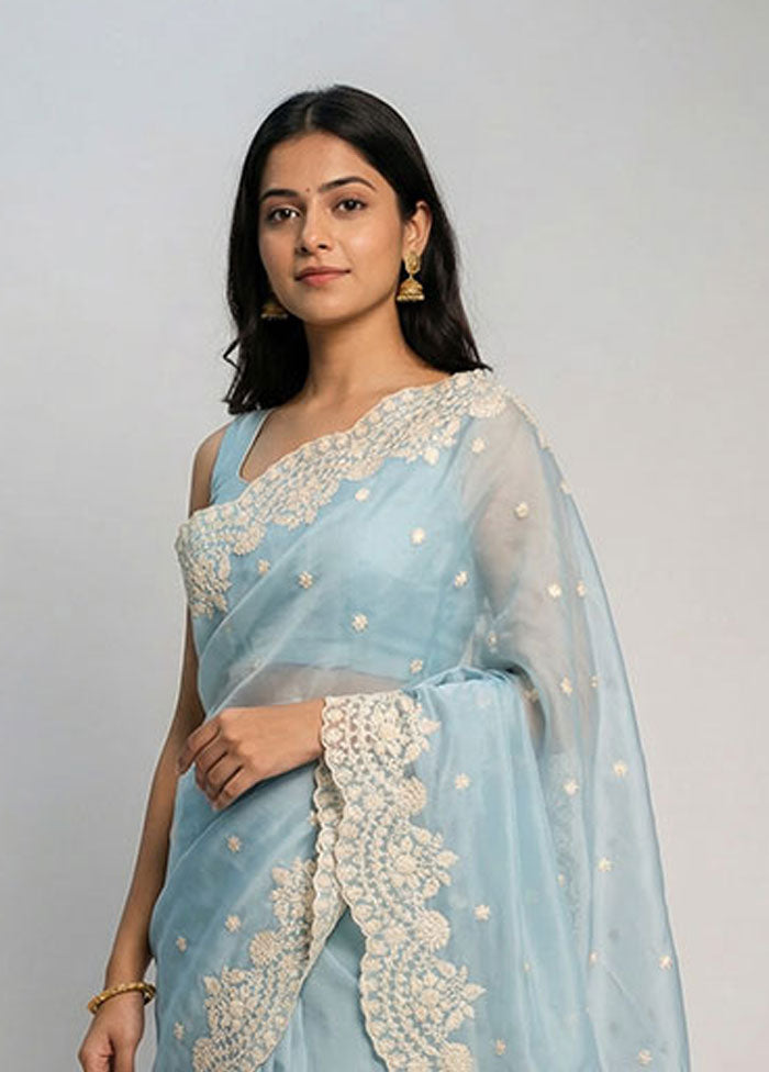 Blue Organza Saree With Blouse Piece