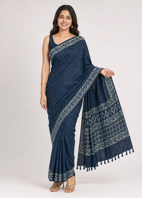 Blue Chanderi Cotton Saree With Blouse Piece