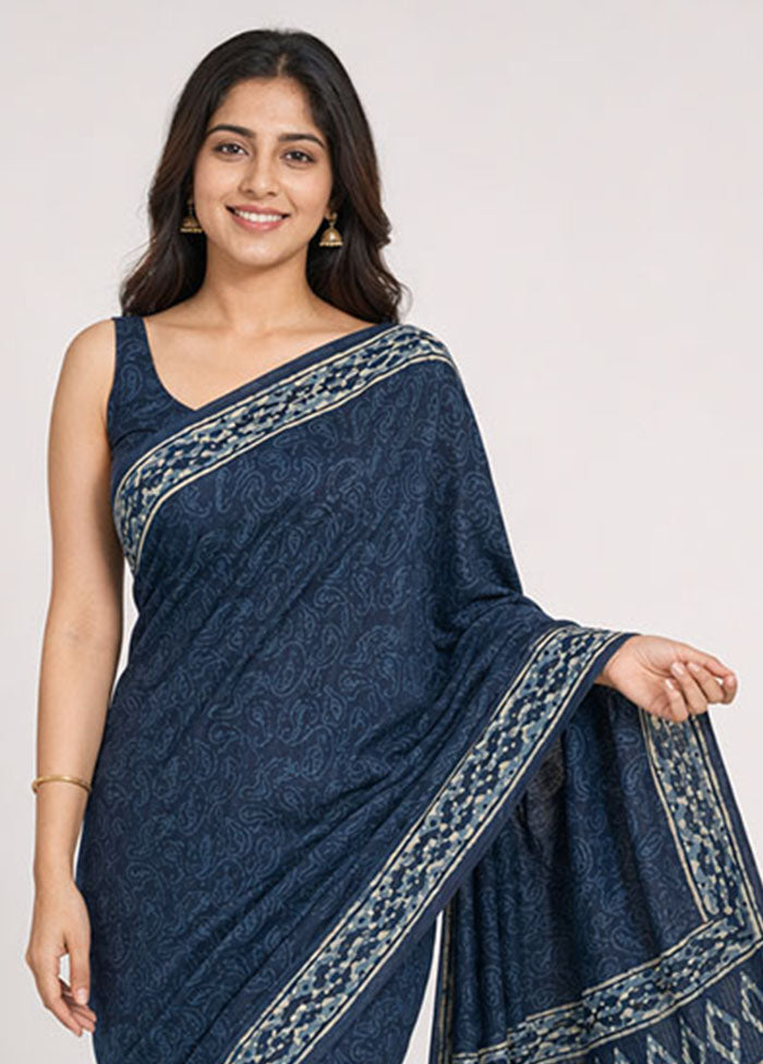 Blue Chanderi Cotton Saree With Blouse Piece