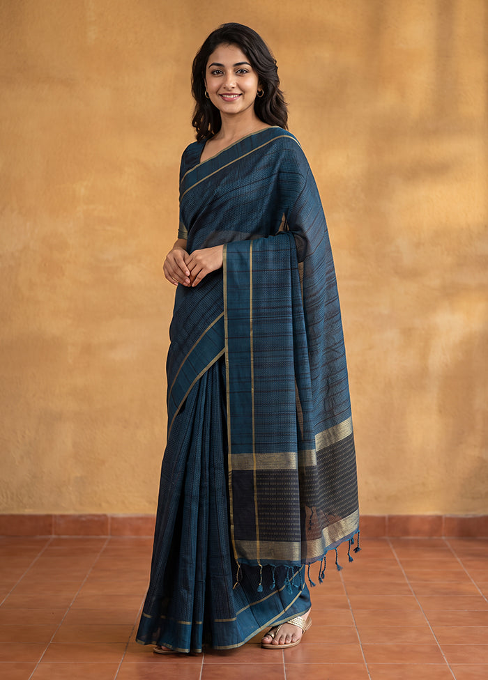 Blue Tussar Silk Saree With Blouse Piece