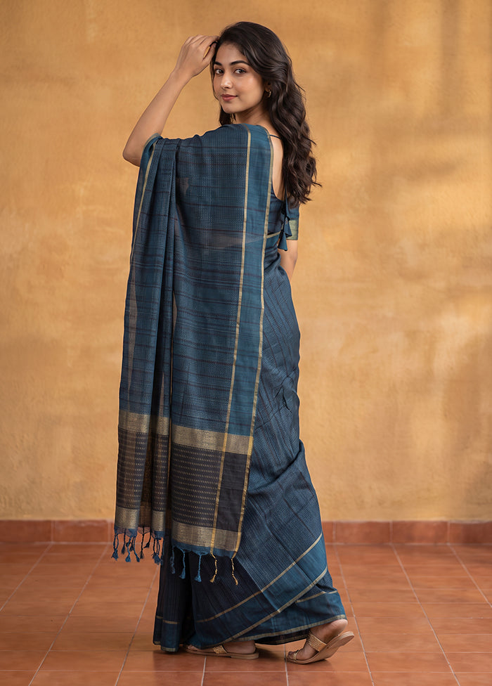 Blue Tussar Silk Saree With Blouse Piece
