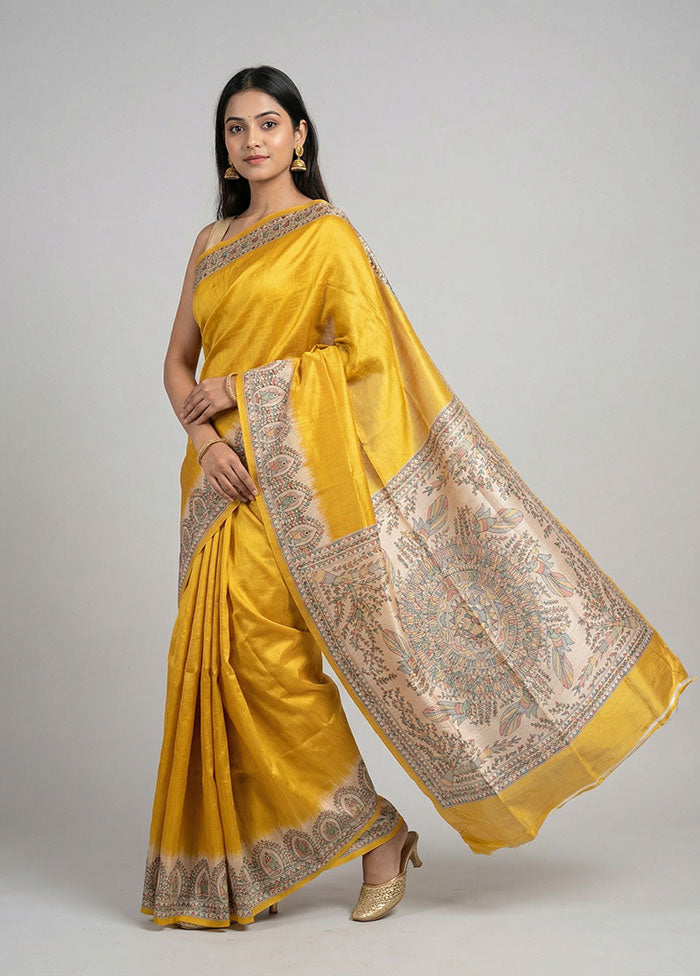 Yellow Printed Silk Saree Without Blouse Piece