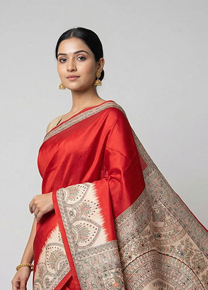 Red Printed Silk Saree Without Blouse Piece