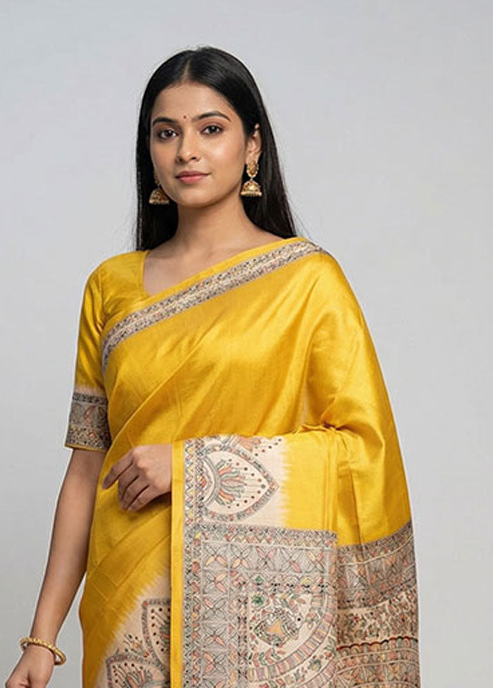 Yellow Printed Silk Saree Without Blouse Piece