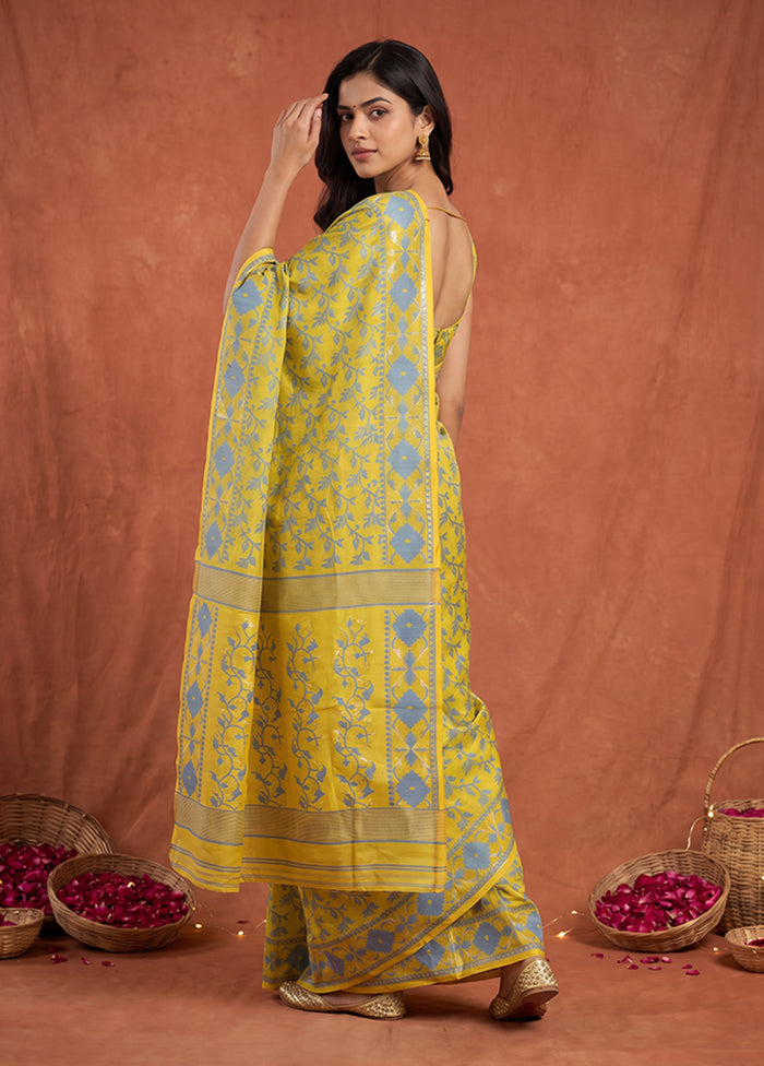 Yellow Jamdani Cotton Saree Without Blouse Piece