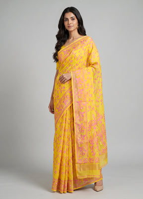 Yellow Jamdani Cotton Saree Without Blouse Piece