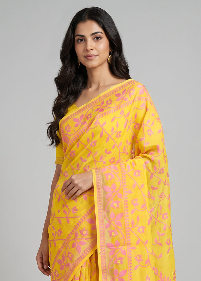 Yellow Jamdani Cotton Saree Without Blouse Piece