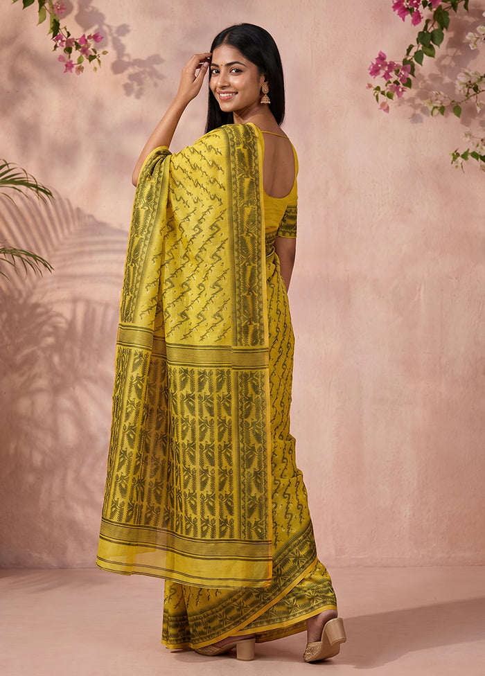 Yellow Jamdani Cotton Saree Without Blouse Piece
