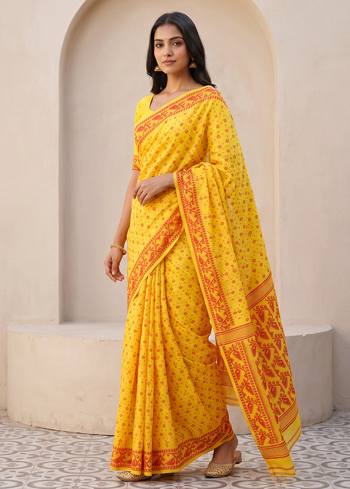 Yellow Jamdani Cotton Saree Without Blouse Piece