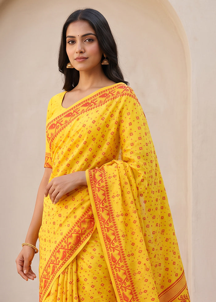 Yellow Jamdani Cotton Saree Without Blouse Piece