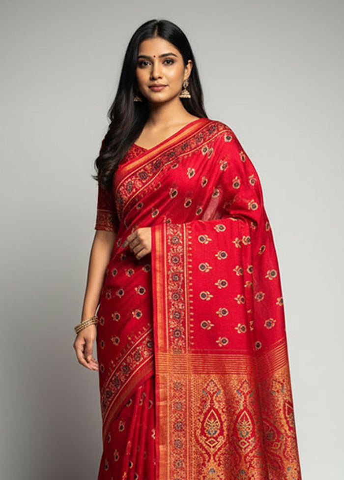 Red Chanderi Silk Saree With Blouse Piece