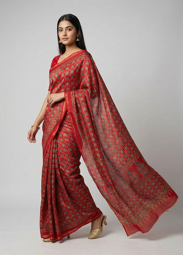 Red Chanderi Silk Saree With Blouse Piece