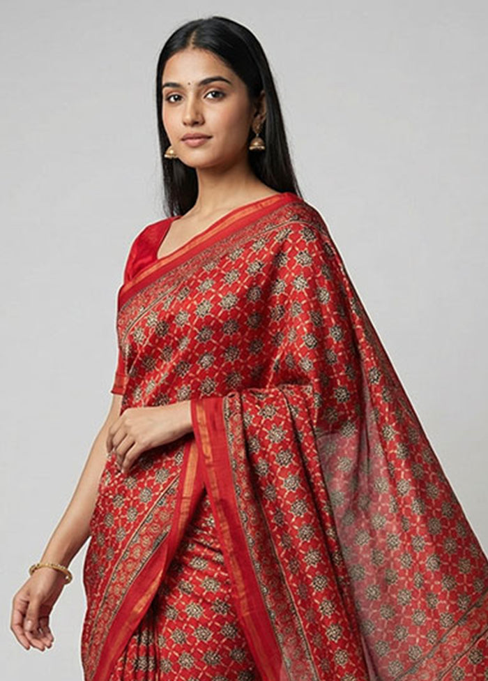 Red Chanderi Silk Saree With Blouse Piece