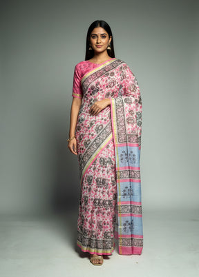 White Chanderi Silk Saree With Blouse Piece