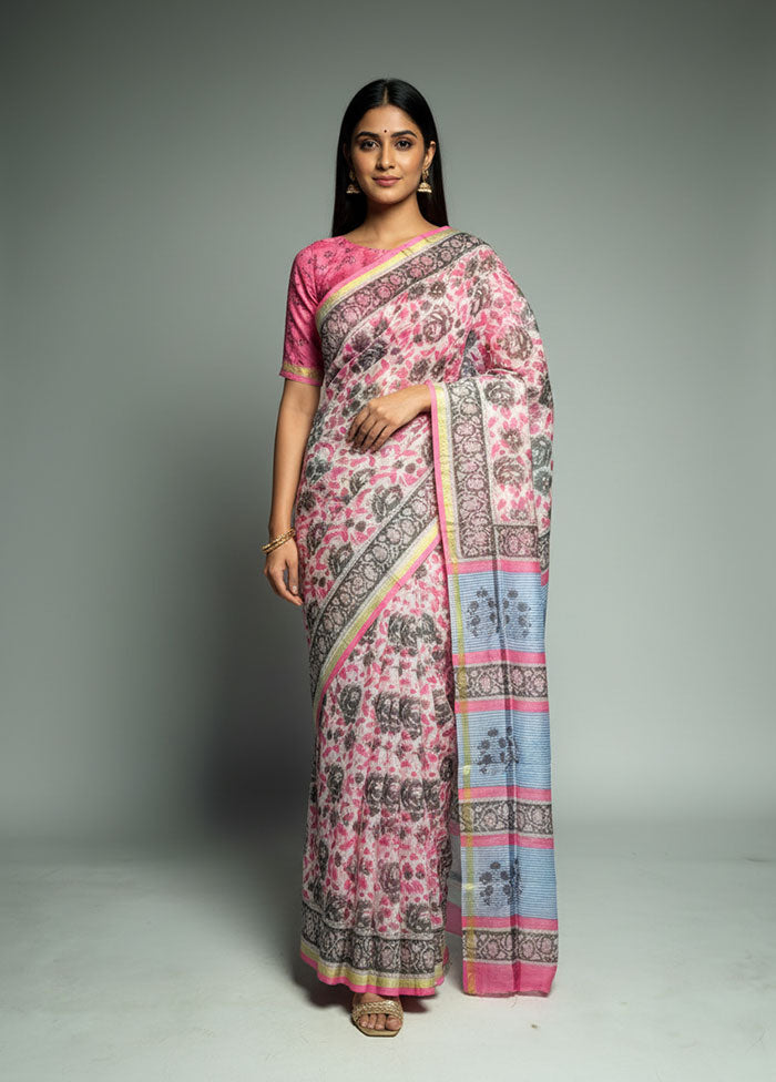 White Chanderi Silk Saree With Blouse Piece