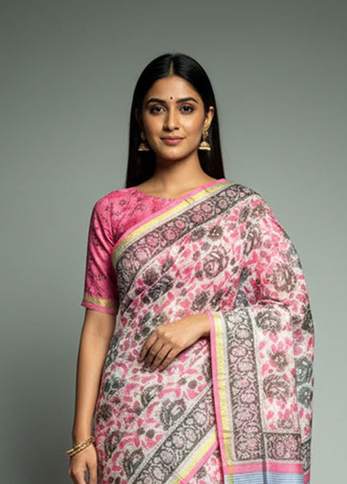 White Chanderi Silk Saree With Blouse Piece