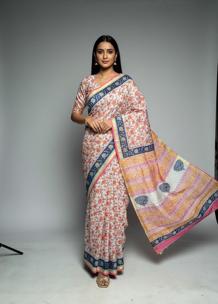 White Chanderi Silk Saree With Blouse Piece