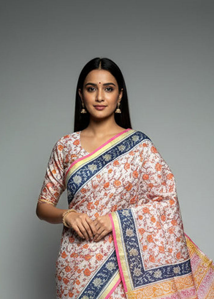 White Chanderi Silk Saree With Blouse Piece