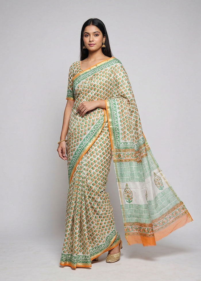 White Chanderi Silk Saree With Blouse Piece