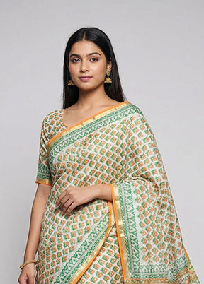 White Chanderi Silk Saree With Blouse Piece