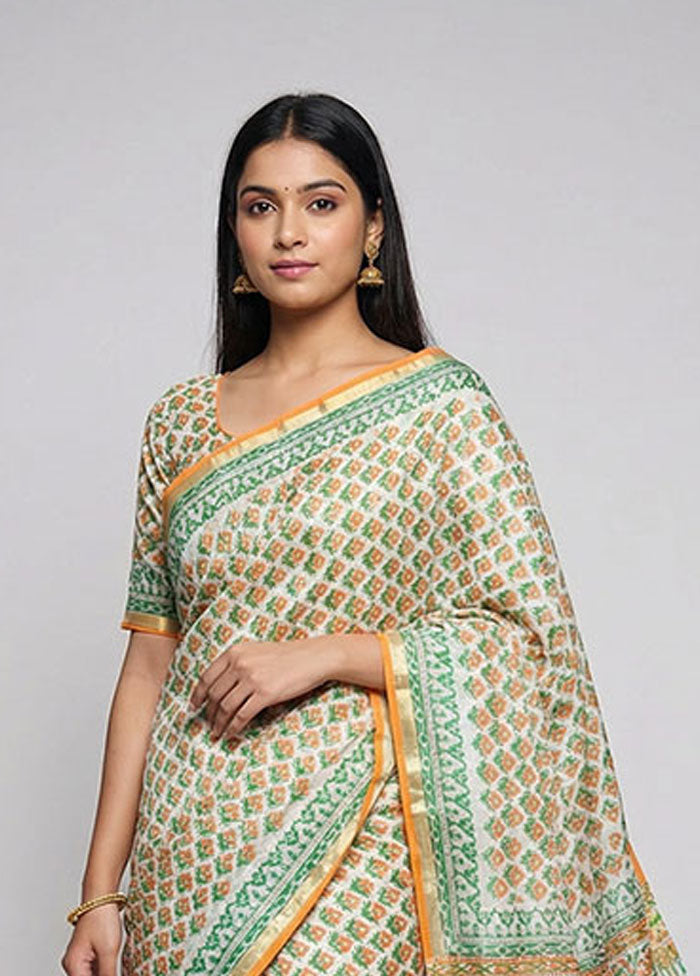 White Chanderi Silk Saree With Blouse Piece