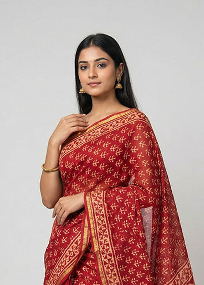 Red Chanderi Silk Saree With Blouse Piece