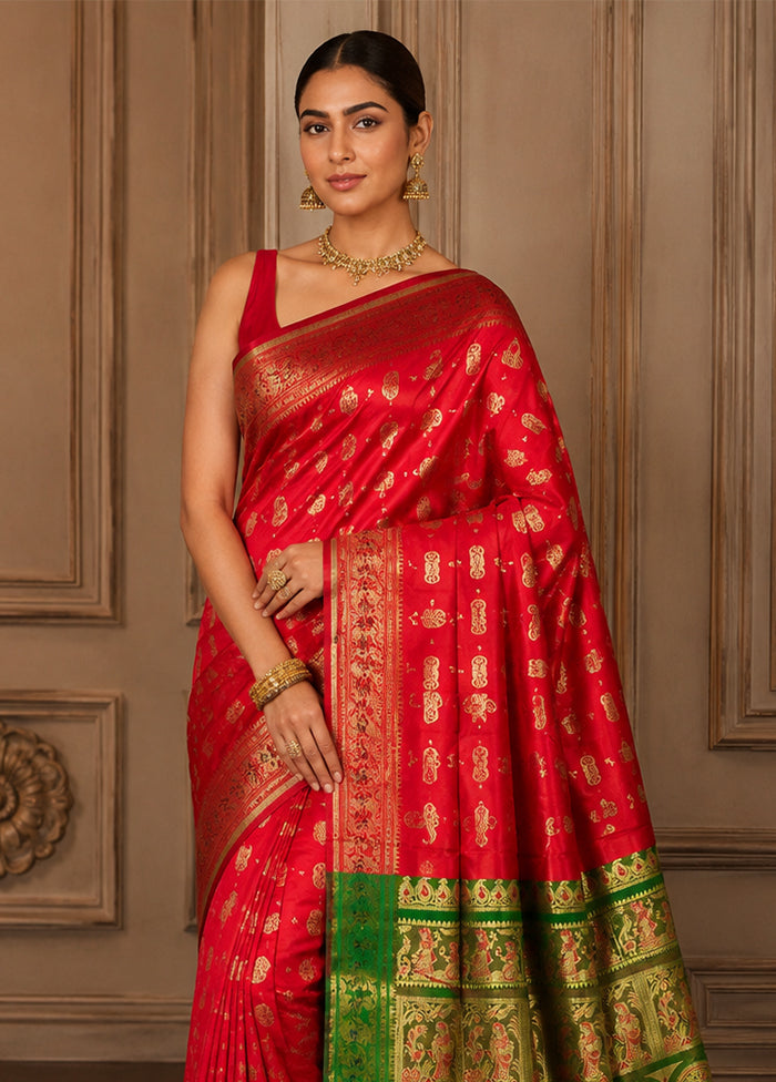 Maroon Handloom Baluchari Pure Silk Saree With Blouse Piece