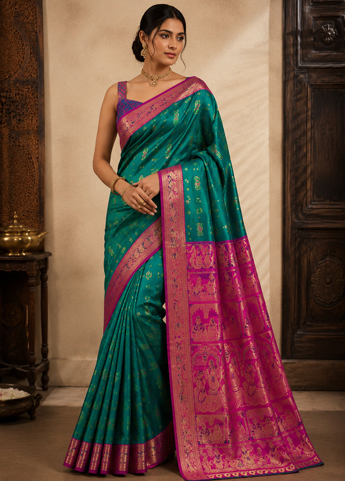 Green Handloom Baluchari Pure Silk Saree With Blouse Piece