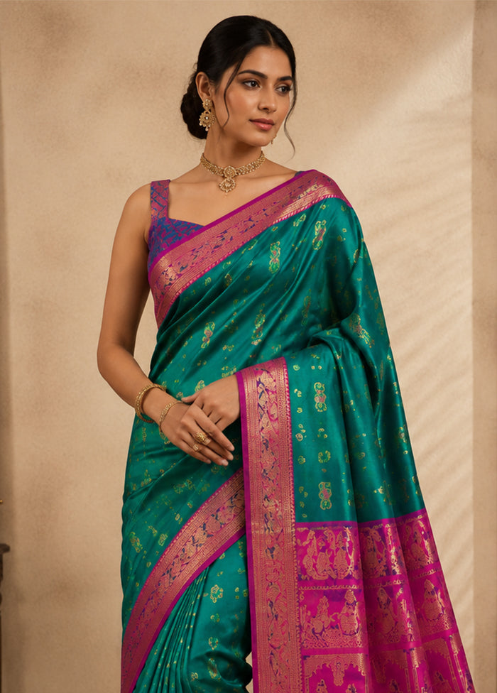 Green Handloom Baluchari Pure Silk Saree With Blouse Piece