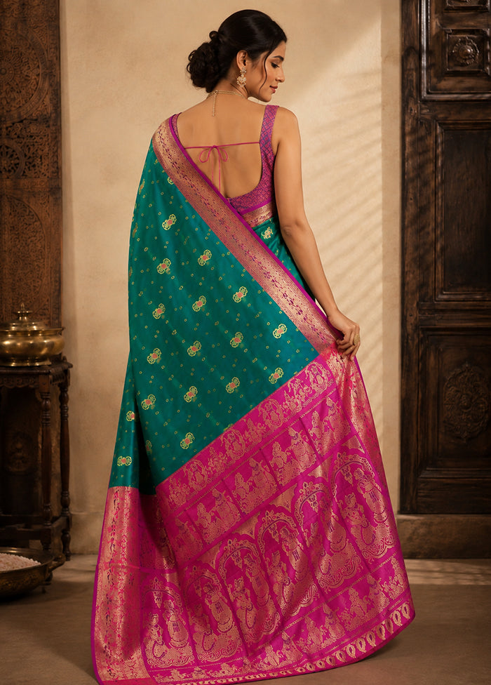 Green Handloom Baluchari Pure Silk Saree With Blouse Piece