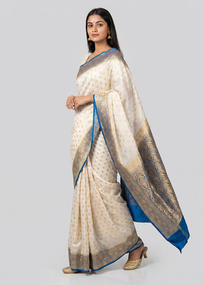 White Banarasi Silk Saree With Blouse Piece