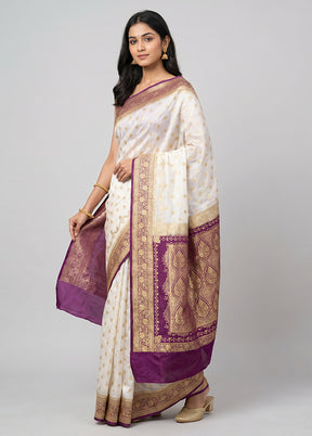 White Banarasi Silk Saree With Blouse Piece
