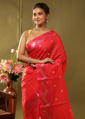 Red Dupion Silk Saree With Blouse Piece