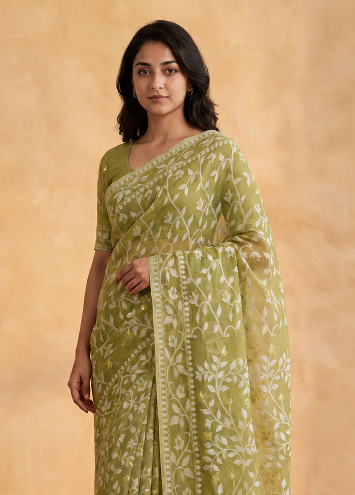 Green Jamdani Cotton Saree Without Blouse Piece