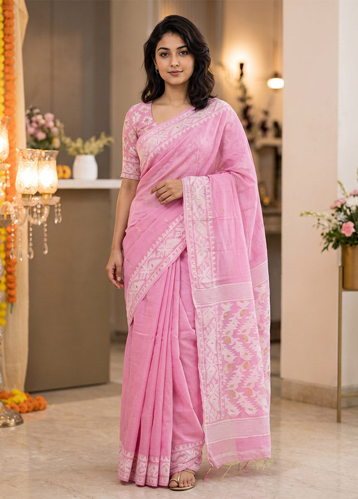 Pink Jamdani Cotton Saree Without Blouse Piece